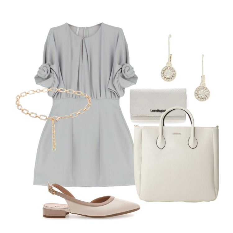 Outfit donna - Maggio. Stile Bon Ton per Tutti i giorni. Abbinamento con vestiti corti, borse a tracolla, cinture, orecchini, portafogli, ballerine.