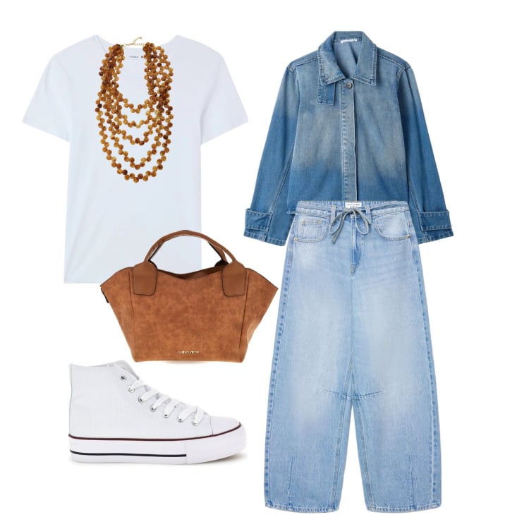 Outfit donna - Total jeans. Stile Casual chic per Tutti i giorni. Abbinamento con jeans, t-shirt, cappotti, collane, borse a mano, sneakers alte.