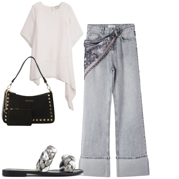 Outfit donna - Maggio. Stile Casual per Tutti i giorni. Abbinamento con bluse, jeans, borse a spalla, ciabatte.