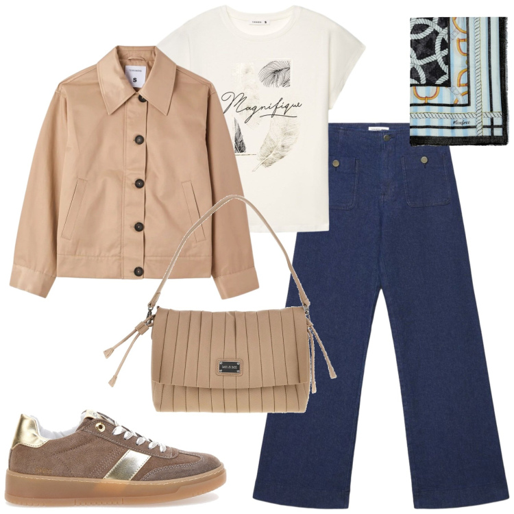 Outfit donna - Pioggia. Stile Casual chic per Tutti i giorni. Abbinamento con cappotti, jeans, t-shirt, foulard, sneakers, pochette.