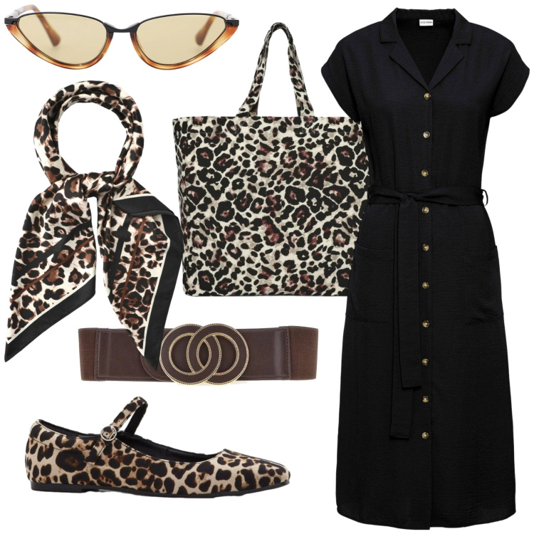 Outfit donna - Animalier mon amour. Stile Vintage retrò per Serata fuori. Abbinamento con vestiti, ballerine, foulard, shopping bag, occhiali da sole, cinture.