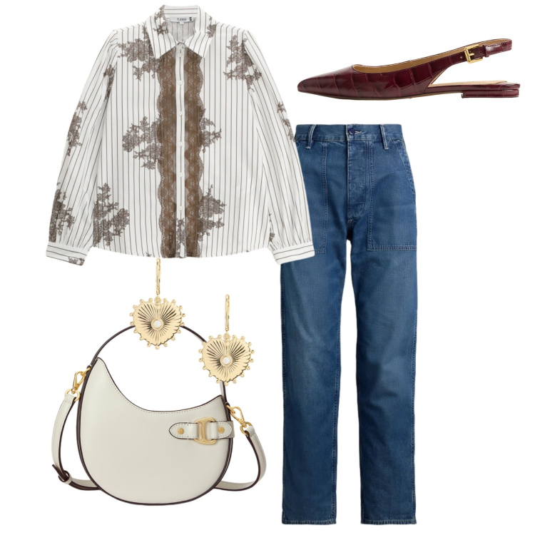 Outfit donna - Il pizzo caffè. Stile Casual chic per Tutti i giorni. Abbinamento con camicie, ballerine, borse a tracolla, jeans, orecchini.