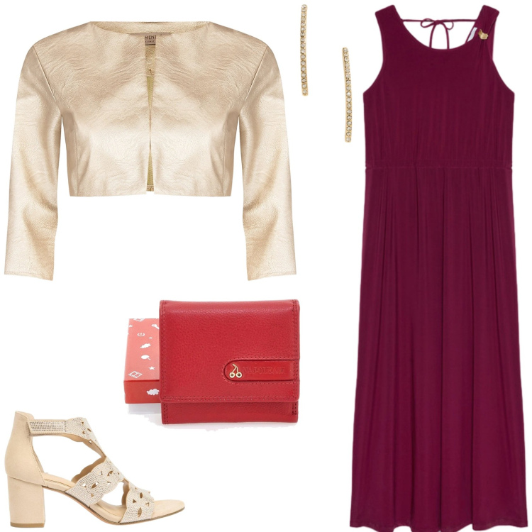 Outfit donna - Per una serata fuori. Stile Trendy per Serata fuori. Abbinamento con sandali col tacco, bolero, vestiti lunghi, orecchini, portafogli.