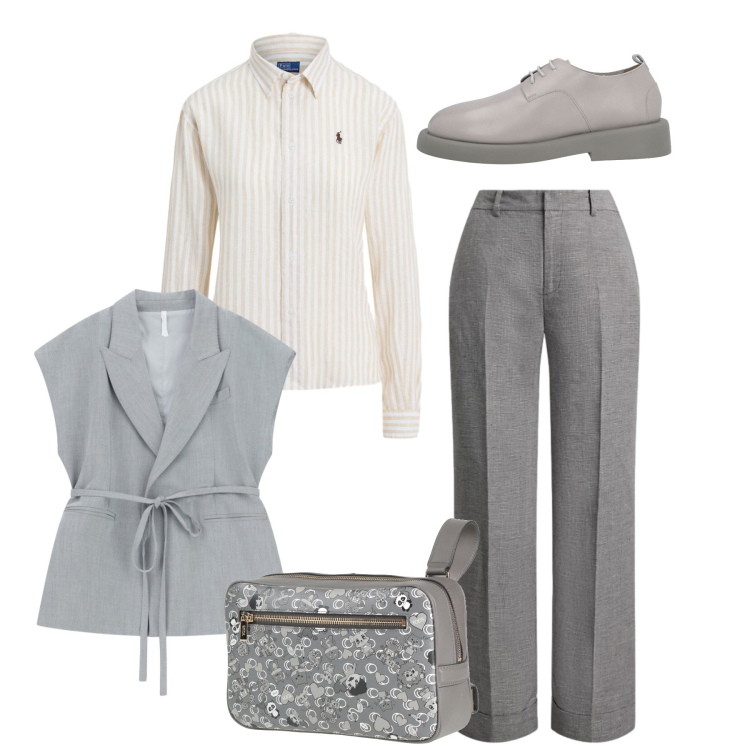 Outfit donna - Ufficio. Stile Mannish per Ufficio. Abbinamento con marsupi, scarpe stringate, gilet, pantaloni, camicie.