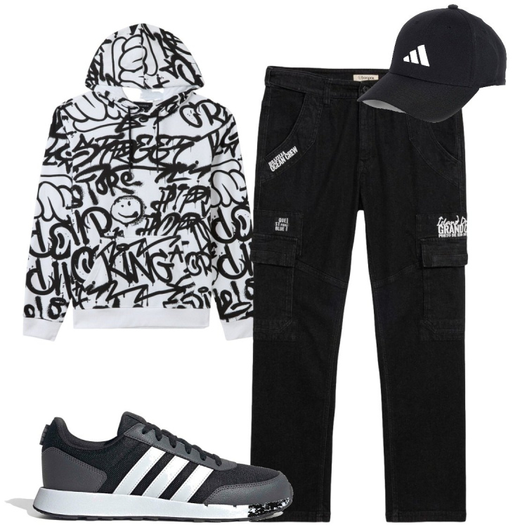 Outfit uomo - ​Urban Graffiti. Stile Trendy per Tutti i giorni. Abbinamento con pantaloni cargo, felpe con cappuccio, cappelli con visiera, sneakers.