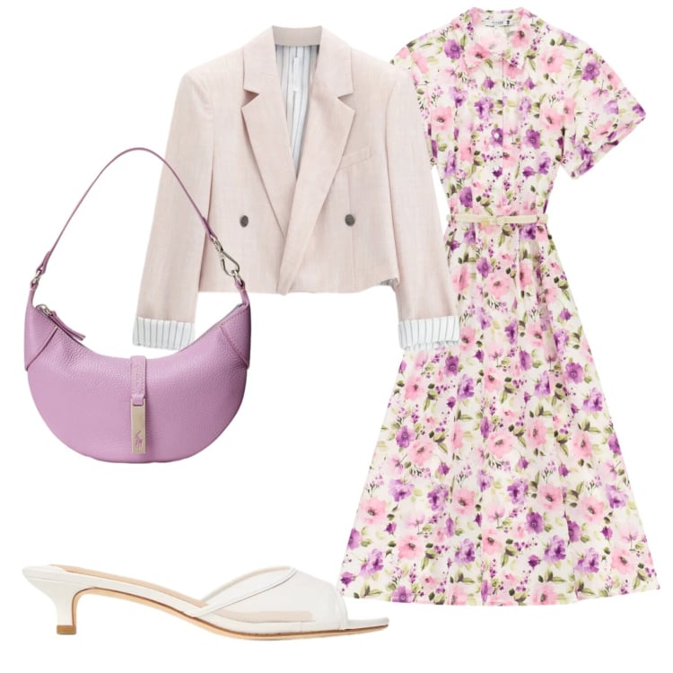 Outfit donna - Fiori, fiori e ancora fiori. Stile Romantica per Tutti i giorni. Abbinamento con vestiti midi/longuette, blazer, borse a spalla, sabot.