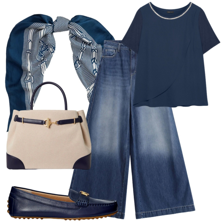 Outfit donna - Total look blu color. Stile Bon Ton per Tutti i giorni. Abbinamento con jeans, t-shirt, mocassini, borse a mano, foulard.