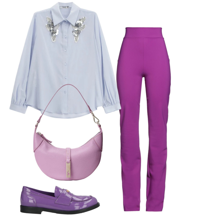 Outfit donna - Purple. Stile Bon Ton per Tutti i giorni. Abbinamento con mocassini, leggings, camicie, borse a spalla.