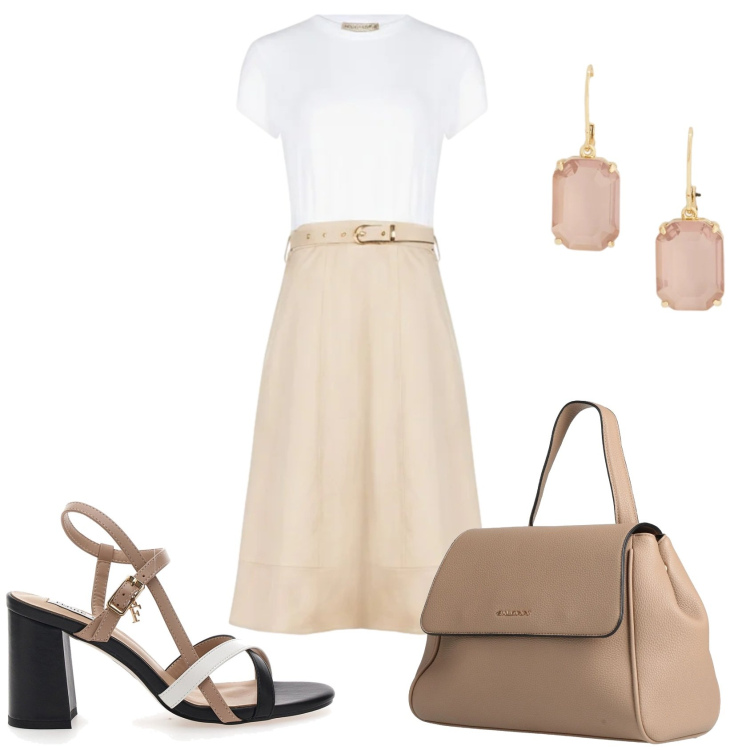 Outfit donna - Bon ton. Stile Bon Ton per Tutti i giorni. Abbinamento con zaini, vestiti midi/longuette, orecchini, sandali col tacco.