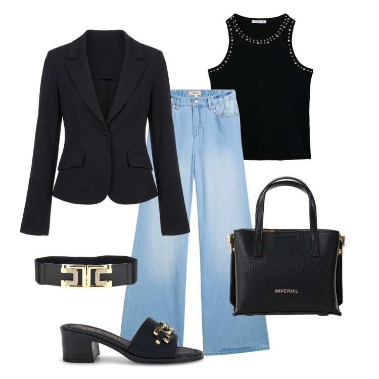 Outfit donna - Must have jeans e blazer. Stile Urban per Tutti i giorni. Abbinamento con jeans, canottiere, borse a tracolla, blazer, cinture, sandali col tacco.