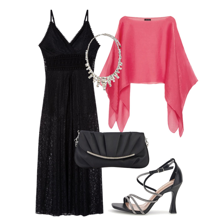 Outfit donna - Serata elegante. Stile Chic per Cerimonia. Abbinamento con clutch, vestiti lunghi, blazer, collane, sandali col tacco.
