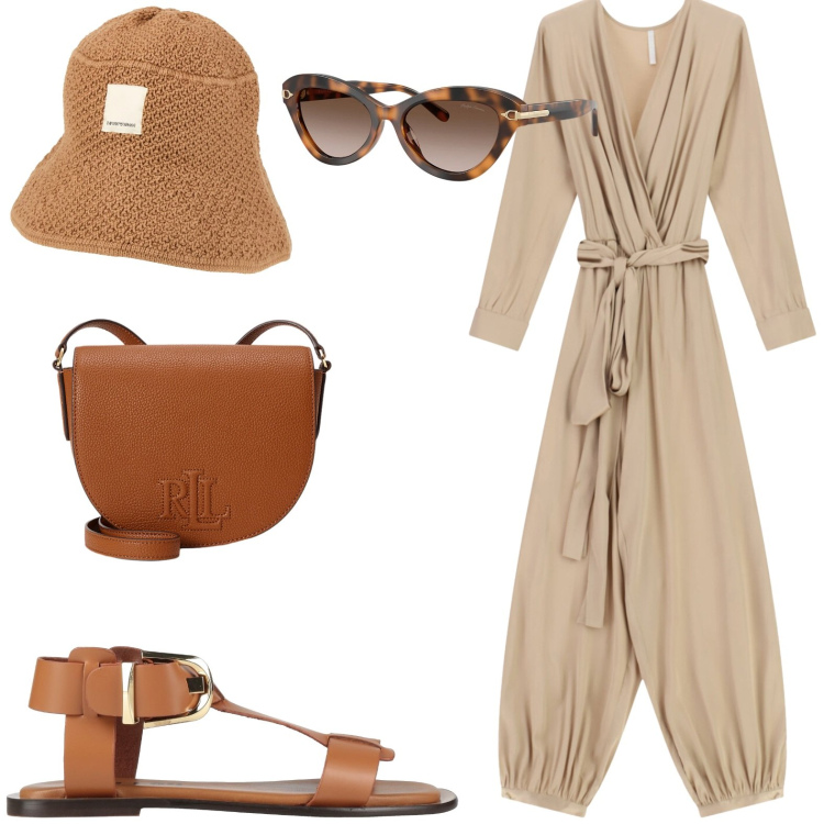 Outfit donna - Tuta beige. Stile Glamour per Tutti i giorni. Abbinamento con sandali alla schiava, cappelli, tute, borse a tracolla, occhiali da sole.
