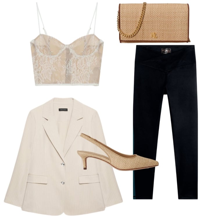 Outfit donna - Evento formale. Stile Chic per Tutti i giorni. Abbinamento con canottiere, blazer, leggings, borse a tracolla, décolleté.