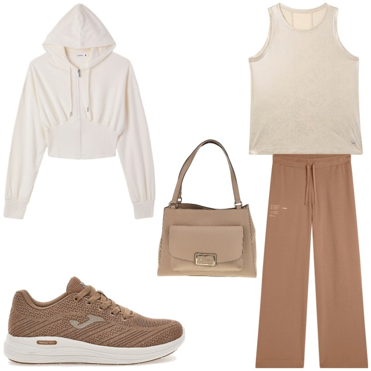 Outfit donna - Sand & Coffee Relax. Stile Sporty chic per Tutti i giorni. Abbinamento con felpe con cappuccio, top sportivi, pantaloni sportivi, borse a spalla, scarpe sportive.