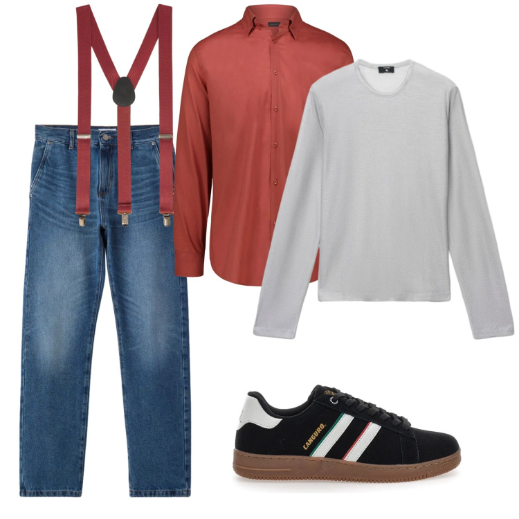 Outfit uomo - Denim e bretelle. per Tutti i giorni. Abbinamento con maglieria, jeans dritti, bretelle, camicie, sneakers.