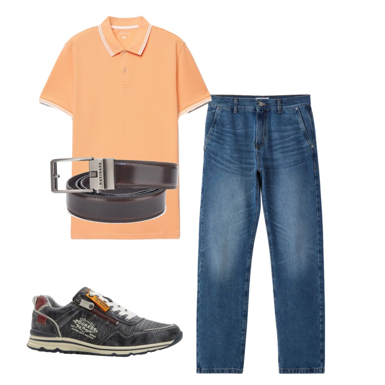 Outfit uomo - Total look. Stile Casual per Tutti i giorni. Abbinamento con sneakers, polo, jeans dritti, cinture.