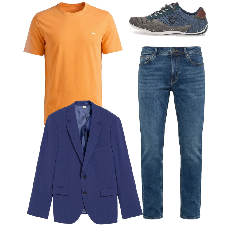 Outfit uomo - Total look. Stile Casual per Tutti i giorni. Abbinamento con giacche, t-shirt, jeans, scarpe stringate.