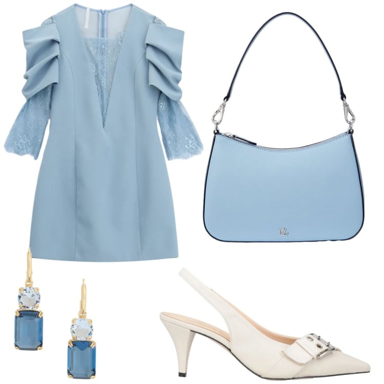 Outfit donna - Azzurro Romantico#cerimonia. Stile Bon Ton per Cerimonia. Abbinamento con décolleté, vestiti corti, borse a spalla, orecchini.