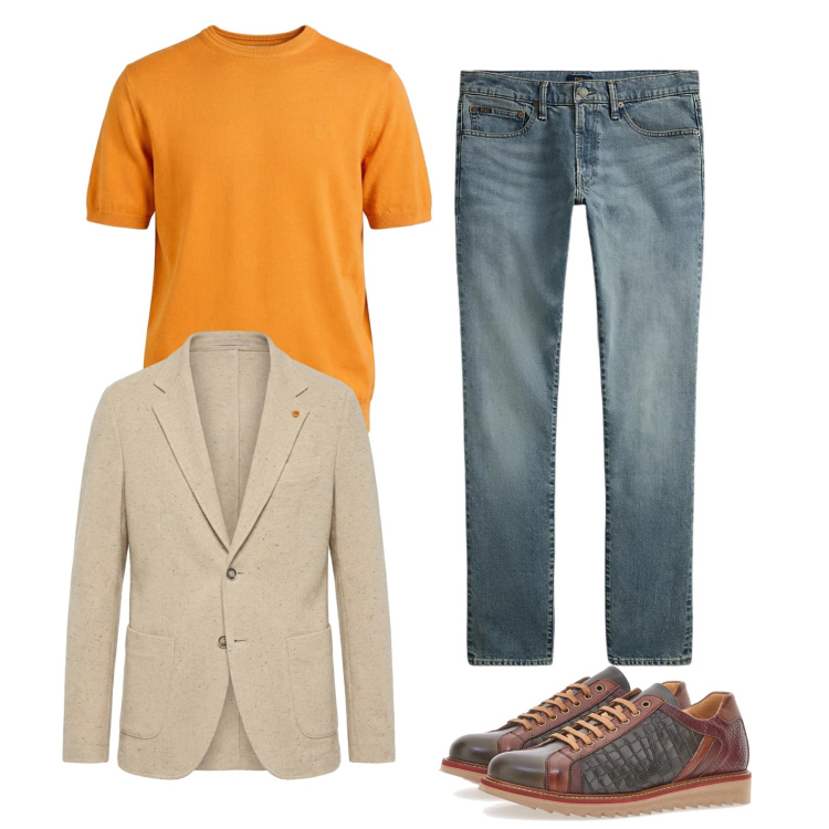 Outfit uomo - Total look. Stile Casual per Tutti i giorni. Abbinamento con t-shirt, giacche, jeans, scarpe stringate.