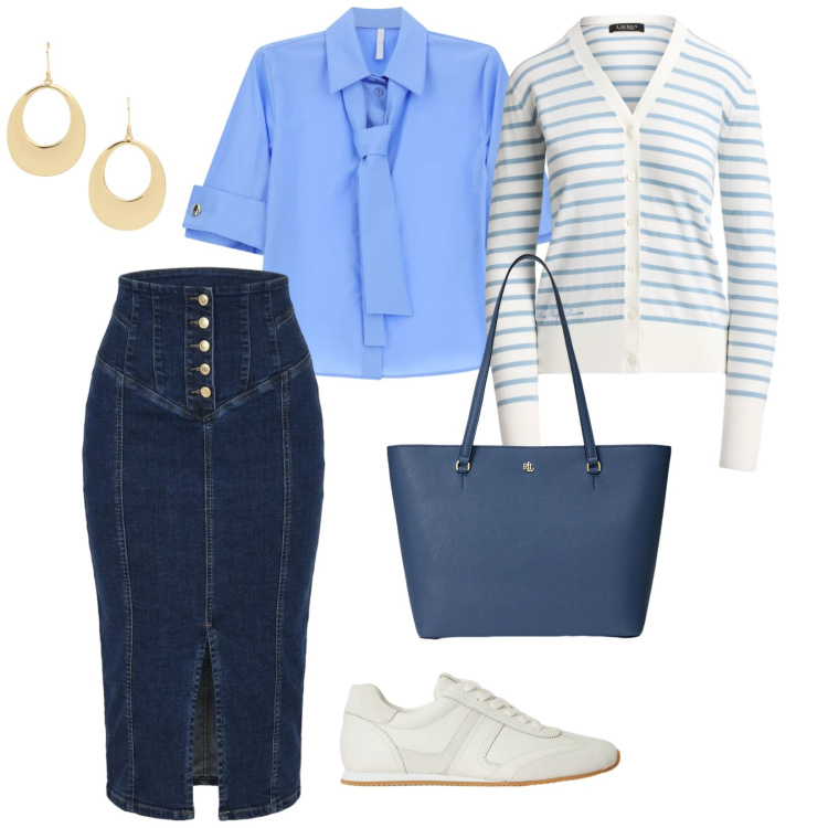 Outfit donna - Quotidianità. per Tutti i giorni. Abbinamento con camicie a manica corta, gonne longuette, borse tote, cardigans, orecchini, sneakers.