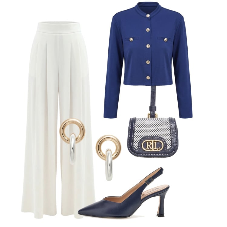 Outfit donna - Eleganza essenziale. Stile Glamour per Serata fuori. Abbinamento con cardigans, pantaloni a palazzo, orecchini, pochette, décolleté.