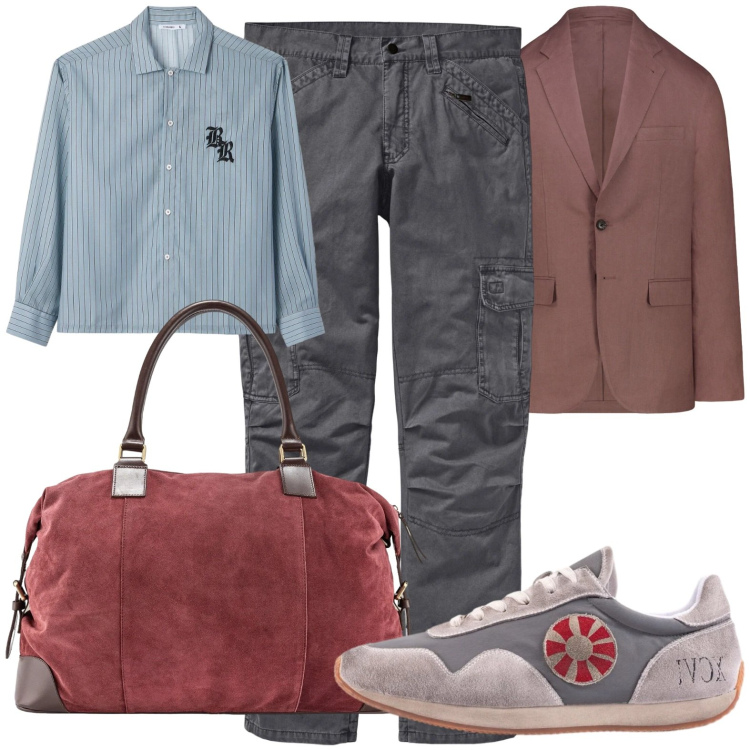 Outfit uomo - Weekend fuori porta. Stile Trendy per Tutti i giorni. Abbinamento con pantaloni cargo, camicie, borse sportive, sneakers, abiti.