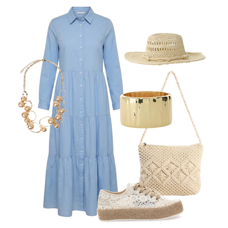 Outfit donna - Chemisier e sneakers crochet. Stile Casual per Tutti i giorni. Abbinamento con borse a tracolla, vestiti chemisier, cappelli, braccialetti, collane, sneakers.