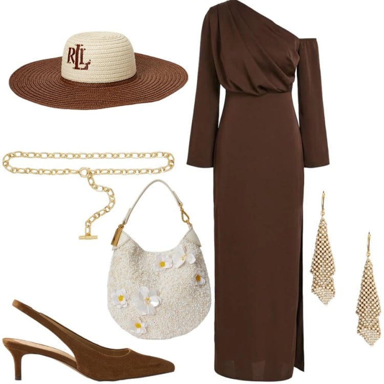 Outfit donna - Occasione speciale. Stile Chic per Cerimonia. Abbinamento con vestiti lunghi, cappelli, orecchini, cinture, pochette, décolleté.
