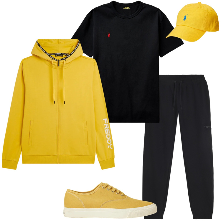 Outfit uomo - Giornata relax. Stile Casual per Sport. Abbinamento con felpe con cappuccio, pantaloni sportivi, t-shirt, sneakers, cappelli con visiera.