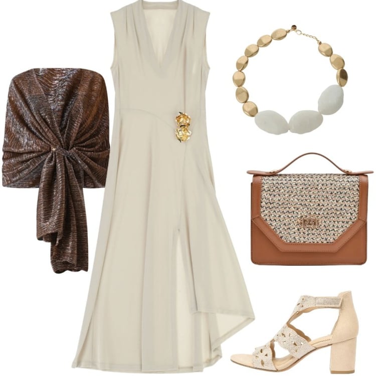 Outfit donna - Cerimonia in primavera. Stile Chic per Cerimonia. Abbinamento con sandali col tacco, vestiti midi/longuette, stole, pochette, collane.