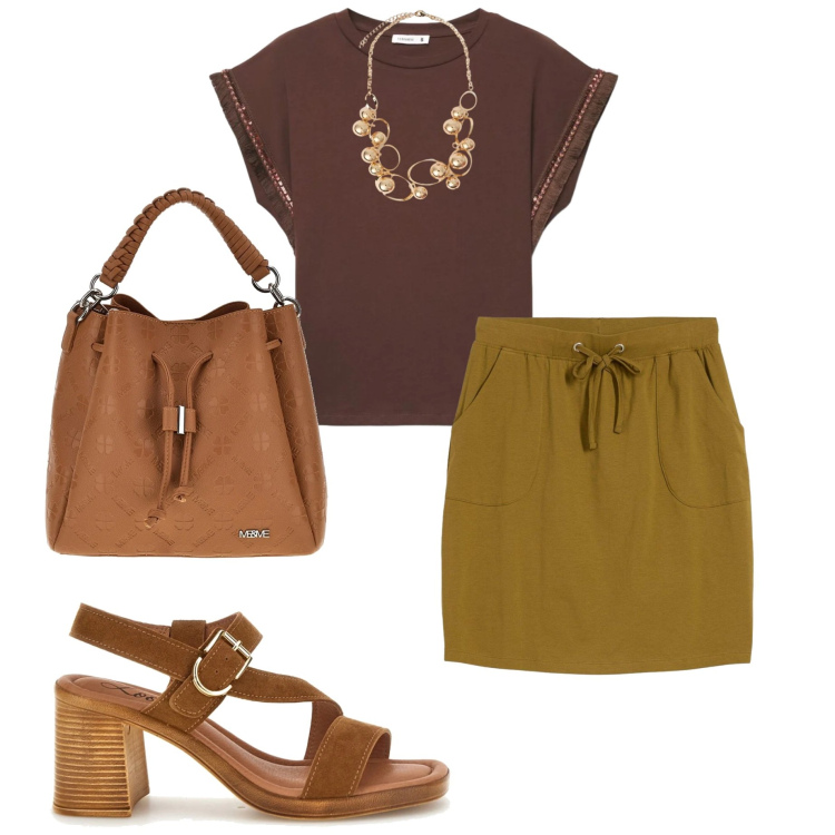 Outfit donna - Tutti i giorni. Stile Casual per Tutti i giorni. Abbinamento con gonne, t-shirt, collane, sandali col tacco, borse a tracolla.