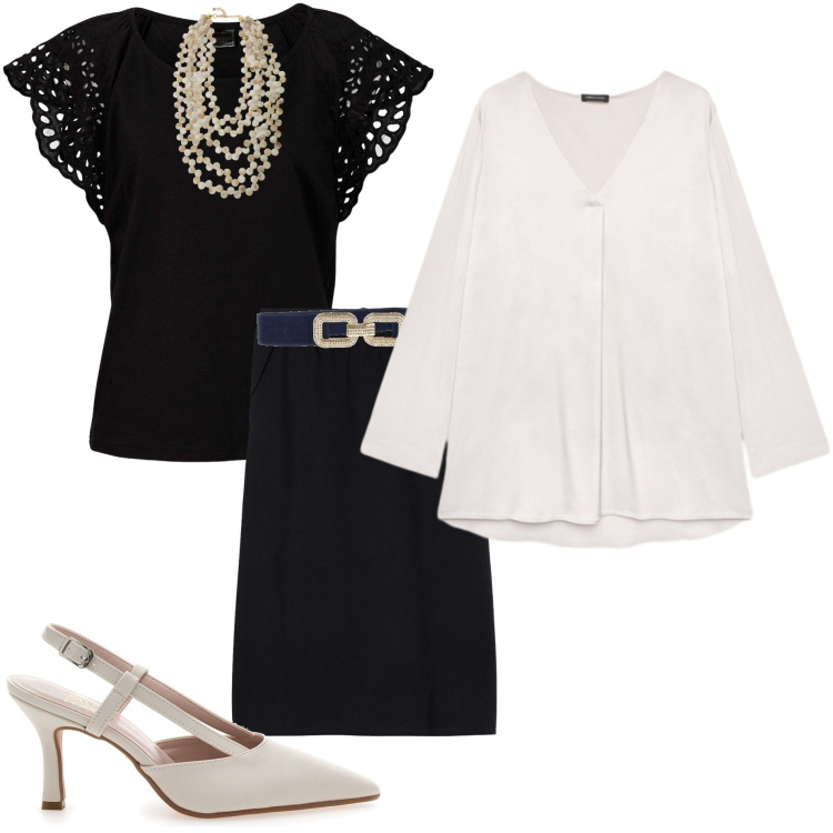 Outfit donna - Serate di maggio. Stile Casual chic per Serata fuori. Abbinamento con gonne longuette, bluse, collane, bluse, décolleté, cinture.