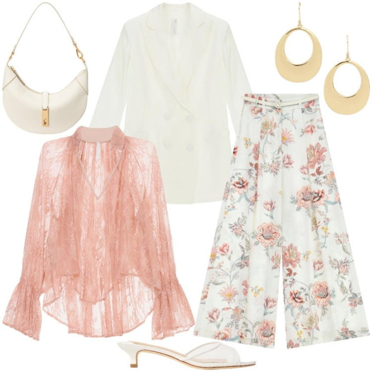 Outfit donna - Color pesca protagonista. Stile Chic per Cerimonia. Abbinamento con pantaloni a palazzo, bluse, blazer, borse a spalla, orecchini, sabot.
