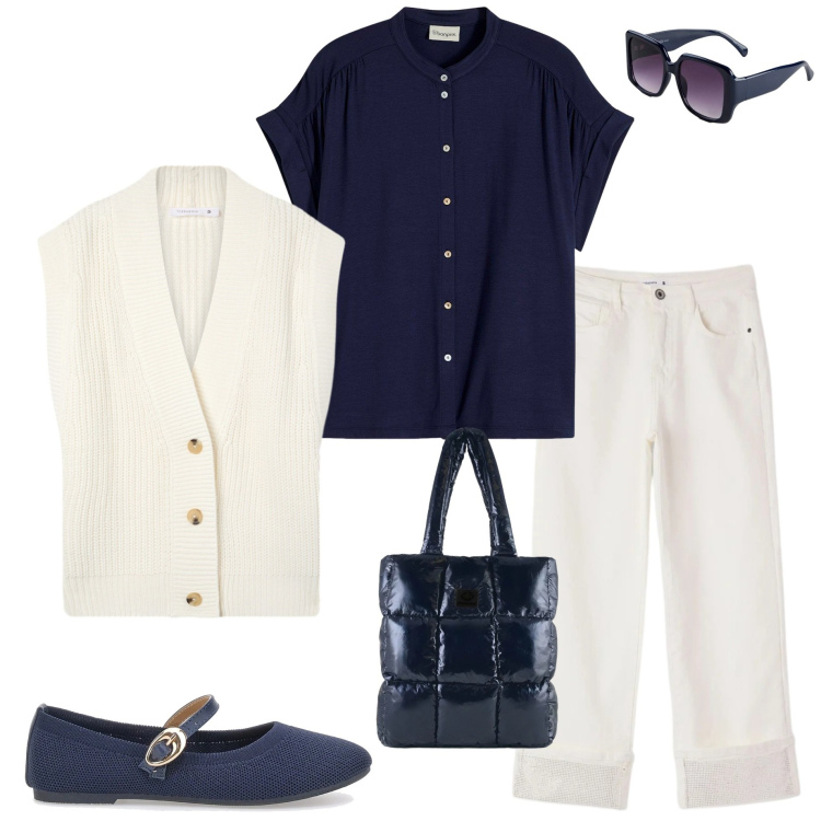 Outfit donna - Bianco e blu. Stile Casual chic per Ufficio. Abbinamento con camicie, occhiali da sole, gilet, jeans, shopping bag, ballerine.