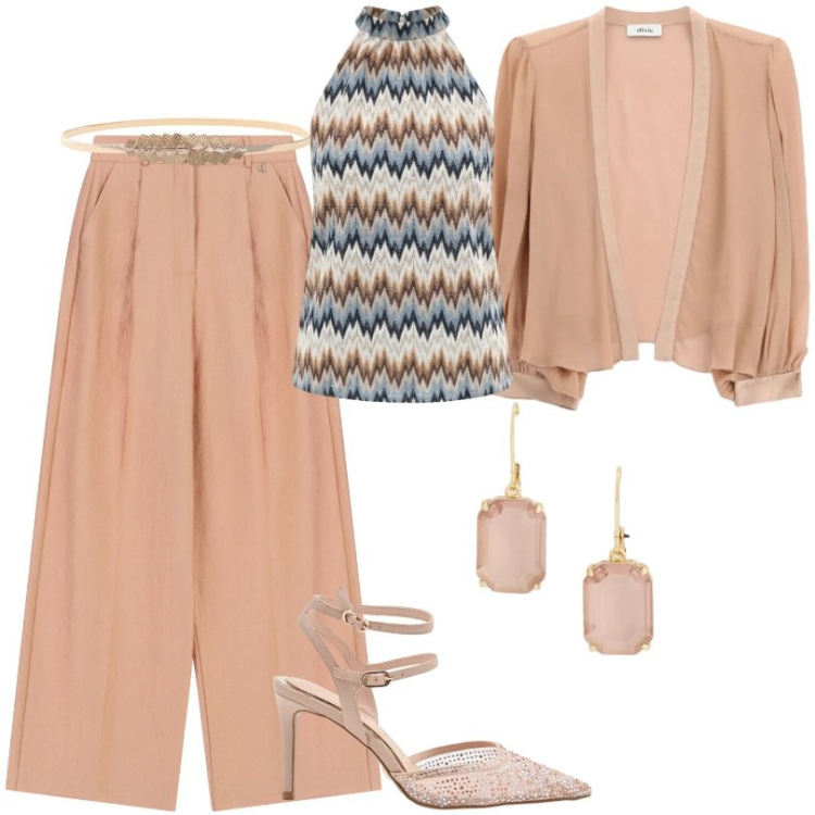 Outfit donna - Battesimo in rosa. Stile Chic per Cerimonia. Abbinamento con décolleté, canottiere, pantaloni a palazzo, blazer, cinture, orecchini.