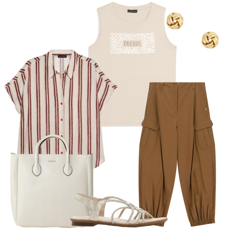 Outfit donna - Safari Chic Urbano. Stile Casual chic per Tutti i giorni. Abbinamento con sandali, pantaloni cargo, borse a tracolla, camicie a manica corta, top, orecchini.