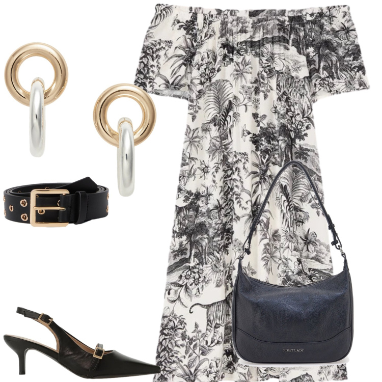 Outfit donna - Eleganza Giungla Urbana. Stile Glamour per Serata fuori. Abbinamento con sandali col tacco, cinture, vestiti corti, orecchini, borse a tracolla.