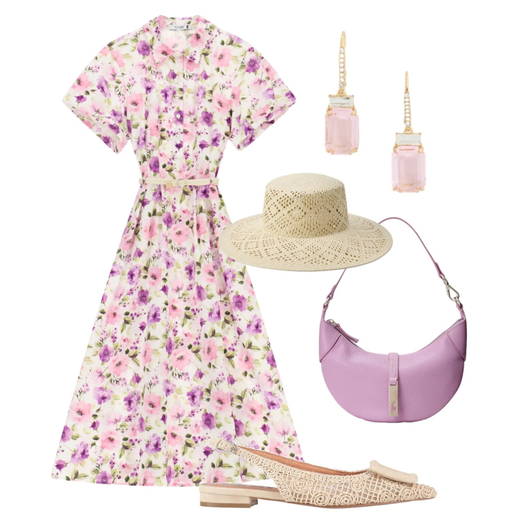 Outfit donna - Fiorellini e ballerine. Stile Romantica per Tutti i giorni. Abbinamento con ballerine, vestiti midi/longuette, borse a spalla, orecchini, cappelli.