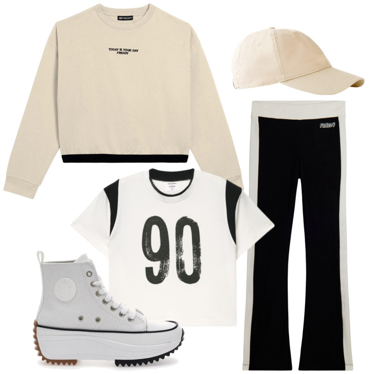 Outfit donna - Total look #2394635. Stile Sporty chic per Sport. Abbinamento con cappelli con visiera, t-shirt, pantaloni, felpe, sneakers alte.