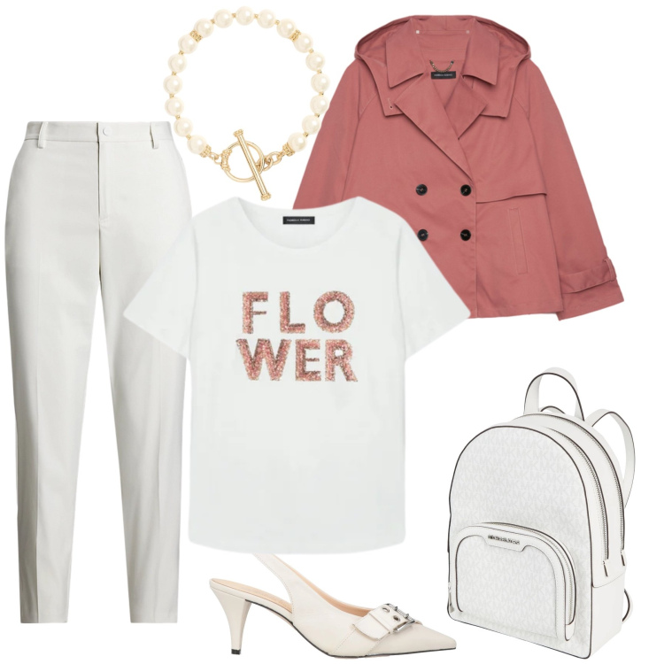 Outfit donna - Freschezza in Rosa e Bianco. Stile Casual chic per Tutti i giorni. Abbinamento con décolleté, zaini, trench, t-shirt, pantaloni, braccialetti.