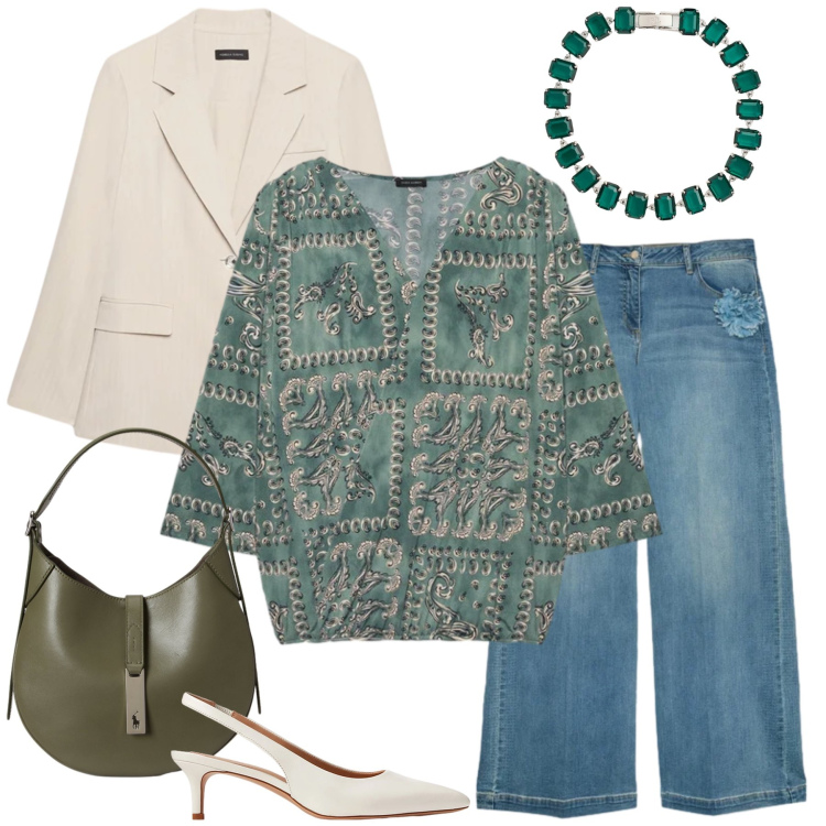 Outfit donna - Boho-Chic in Verde Smeraldo. Stile Boho per Tutti i giorni. Abbinamento con t-shirt, jeans, blazer, décolleté, braccialetti, borse a spalla.
