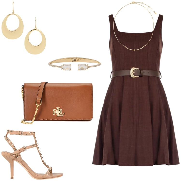 Outfit donna - Per una serata fuori. Stile Glamour per Serata fuori. Abbinamento con sandali in pelle, vestiti corti, borse a mano, braccialetti, collane, orecchini.