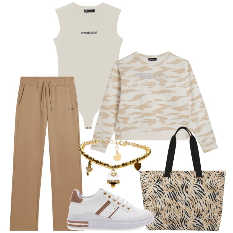 Outfit donna - Total look #2394647. Stile Sporty chic per Tutti i giorni. Abbinamento con felpe, pantaloni, shopping bag, top, braccialetti, sneakers.
