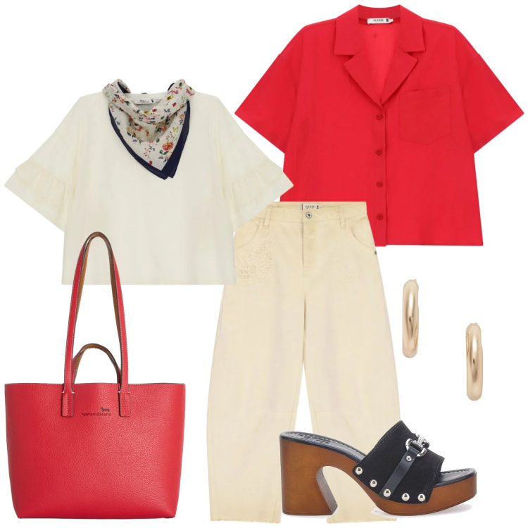 Outfit donna - Contrasti Vivaci in Rosso e Crema. Stile Casual chic per Ufficio. Abbinamento con shopping bag, top, pantaloni, camicie a manica corta, orecchini, zoccoli.