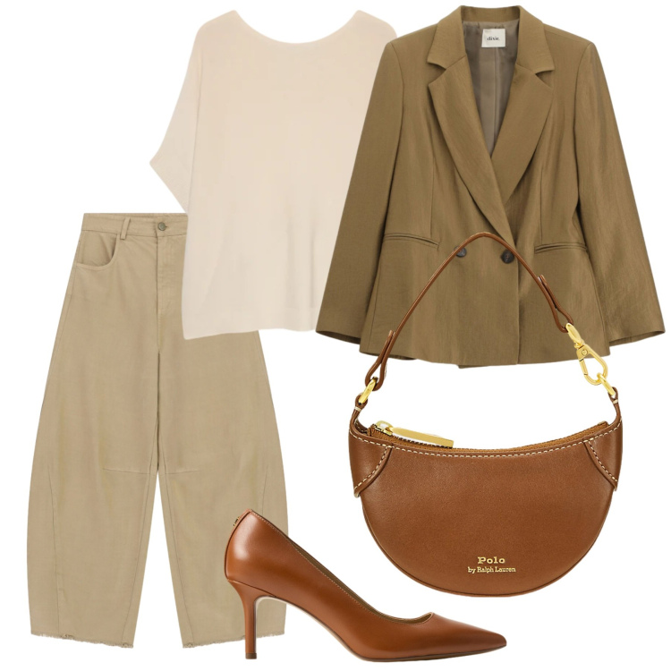 Outfit donna - La stagione delle cerimonie. Stile Chic per Cerimonia. Abbinamento con pantaloni a palazzo, blazer, t-shirt, borse a tracolla, décolleté.