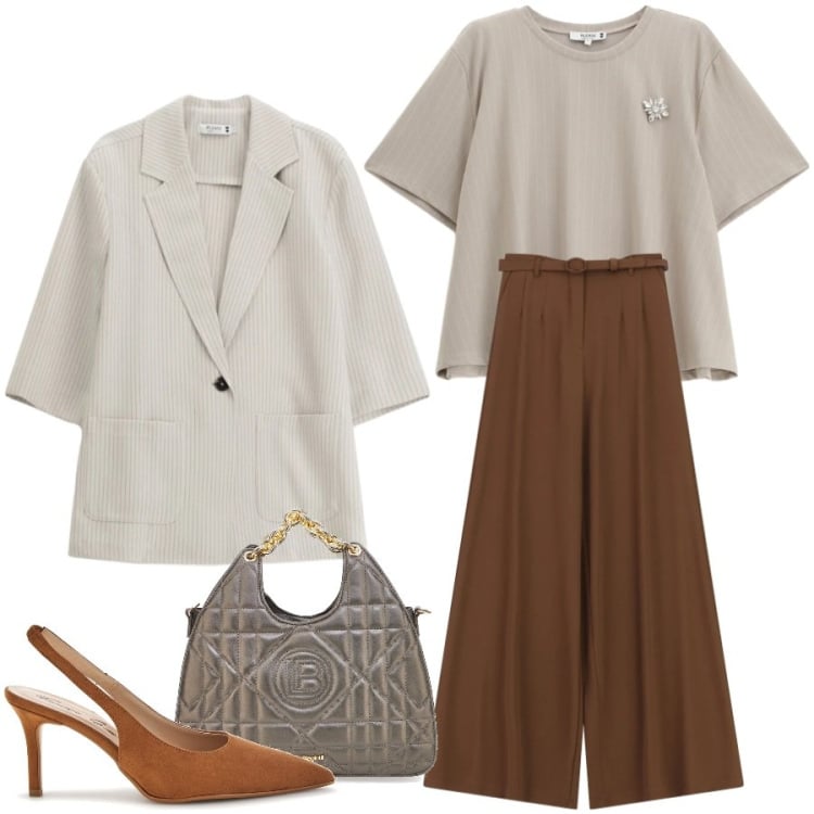 Outfit donna - Total look #2394651. Stile Casual chic per Tutti i giorni. Abbinamento con t-shirt, blazer, pantaloni a palazzo, décolleté, borse a mano.