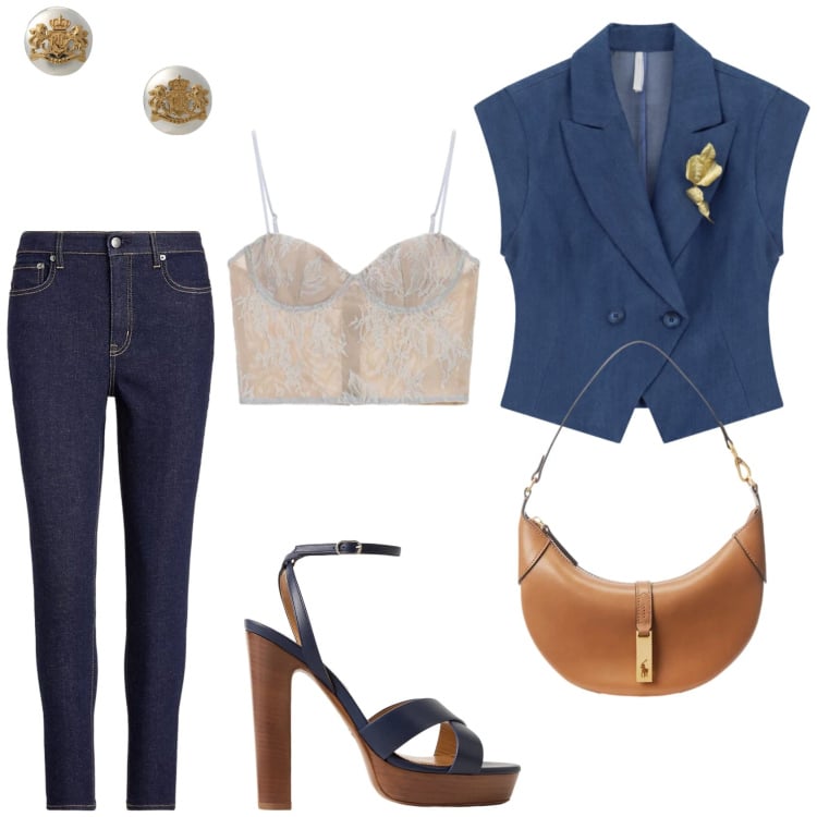 Outfit donna - Per una serata fuori. Stile Glamour per Serata fuori. Abbinamento con canottiere, gilet, orecchini, sandali col tacco, borse a spalla, jeans skinny.