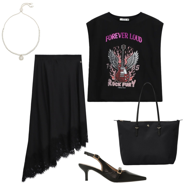 Outfit donna - Rock-Chic in Total Black. Stile Casual chic per Tutti i giorni. Abbinamento con gonne longuette, top, sandali col tacco, borse tote, braccialetti.
