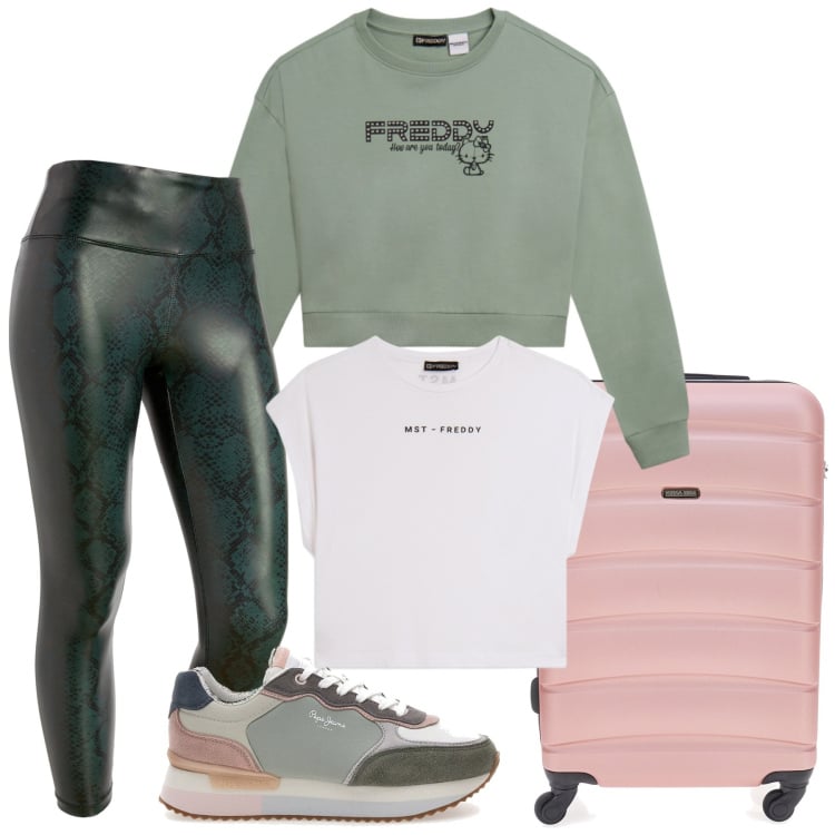 Outfit donna - Total look #2394654. Stile Glamour per Tutti i giorni. Abbinamento con leggings, felpe, t-shirt, sneakers, valigie.