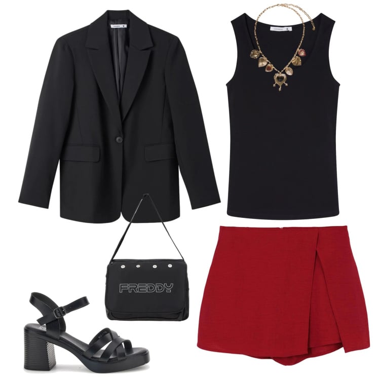 Outfit donna - Total look #2394655. Stile Casual chic per Serata fuori. Abbinamento con gonne, top, blazer, collane, borse messenger, sandali col tacco.